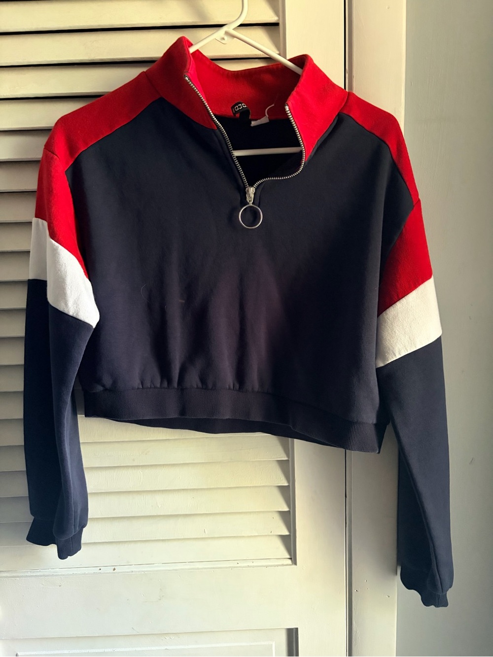 Divided Cropped Quarter-Zip Colorblock Pullover - Red, Navy & White